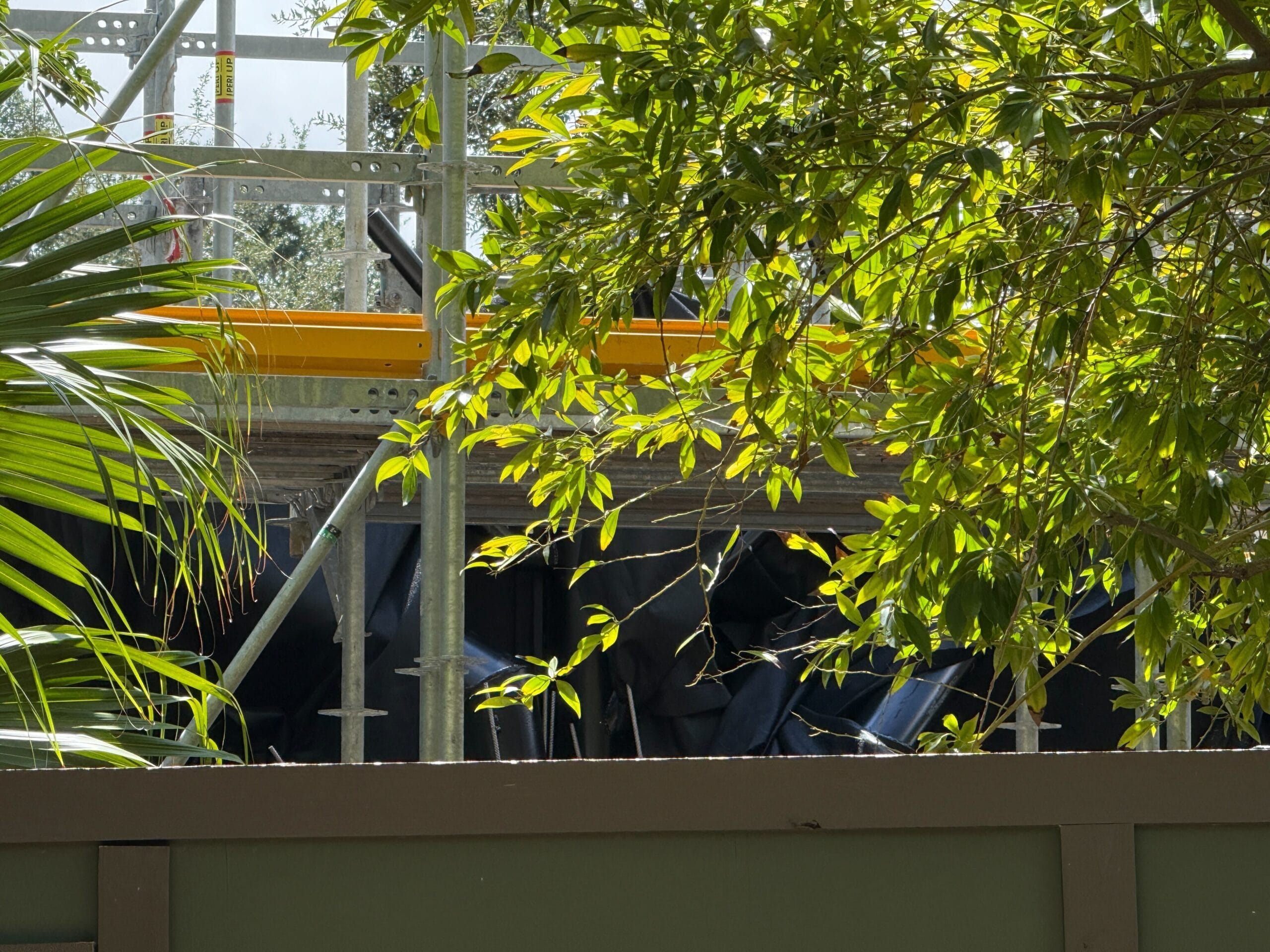 Green leaves and branches partially obscure a construction site with scaffolding and a yellow beam in the background.