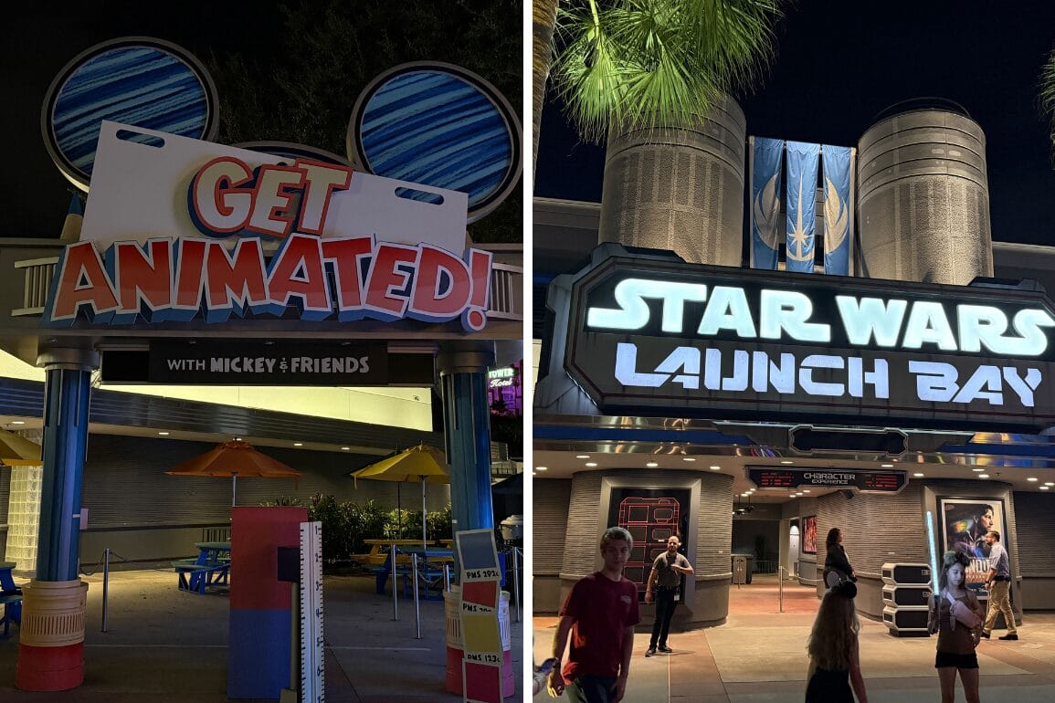 Split image: Left shows Animation Courtyard's “Get Animated!"; right shows Star Wars Launch Bay, now permanently closed.