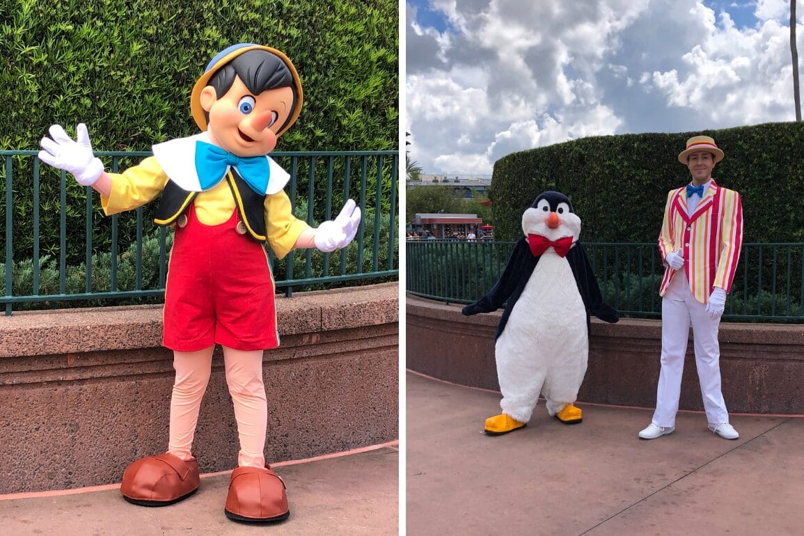 Pinocchio enjoys a Rare Character Meet & Greet at Disney's Hollywood Studios with a penguin and striped-jacket man.