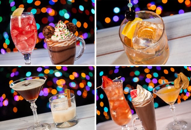 Four images of Jazzy Holidays cocktails and drinks, each set against colorful, blurred lights—perfect for your festive menu.