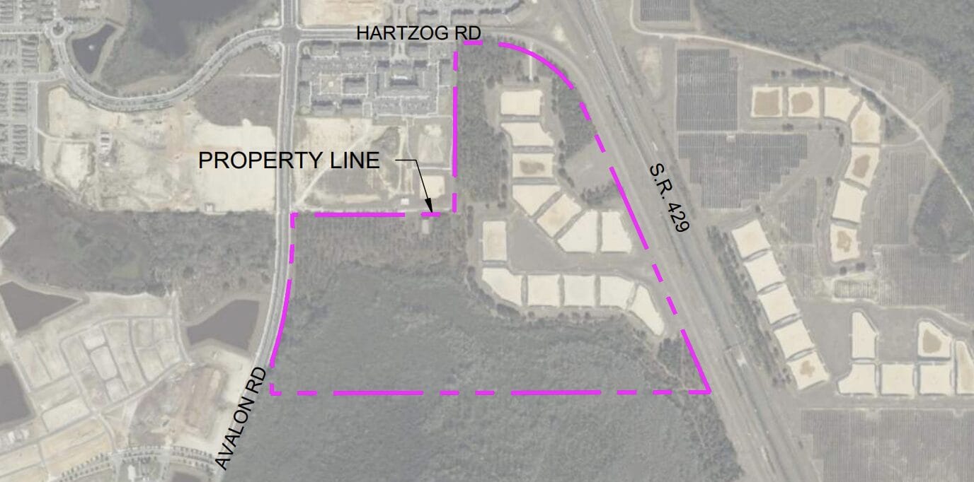 Aerial map showing affordable housing property outlined in purple between Avalon Rd and S.R. 429, near Hartzog Rd.