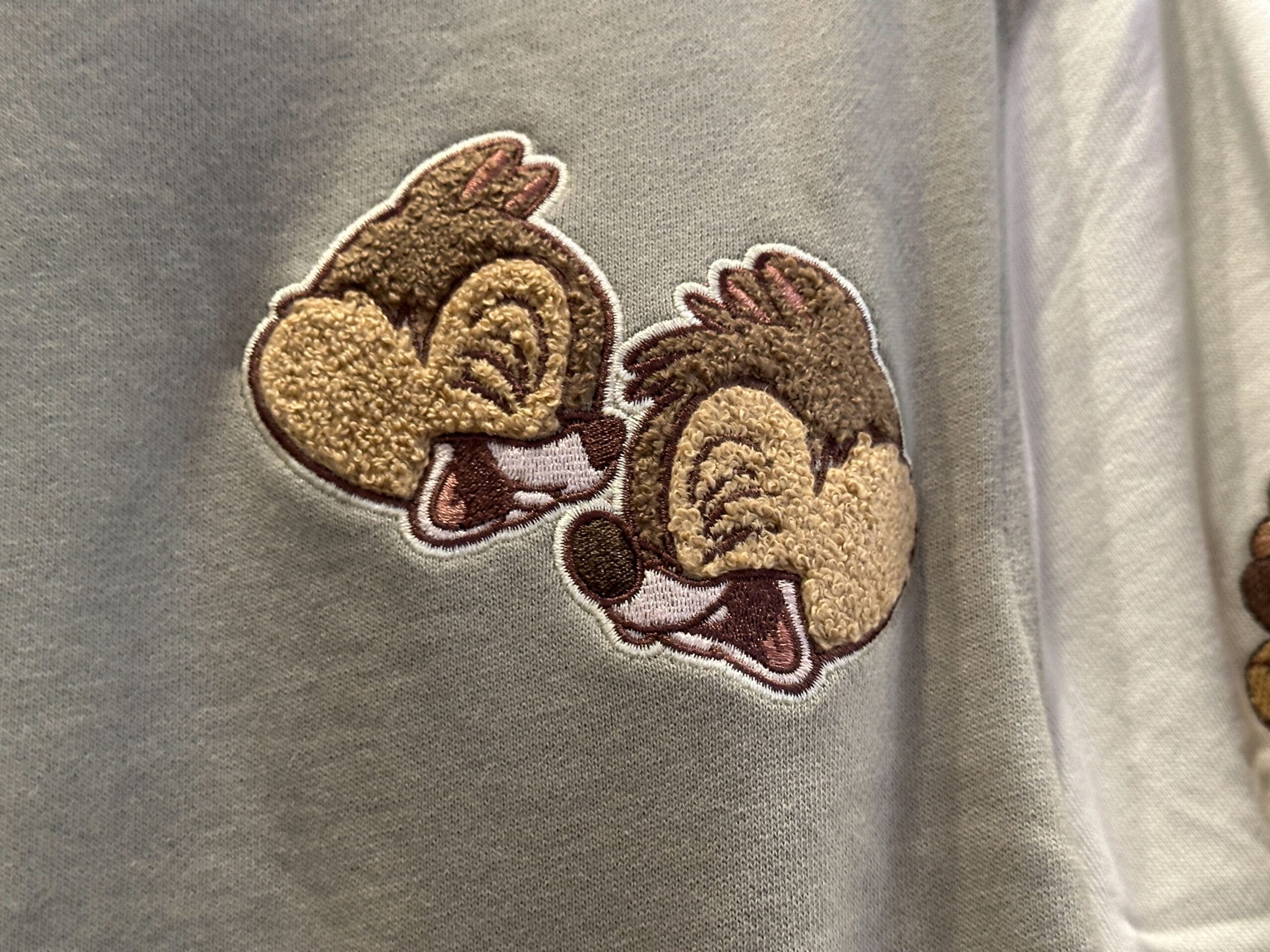 Chip and Dale laugh side by side, embroidered on gray fabric like classic Disney Letterman Jackets.