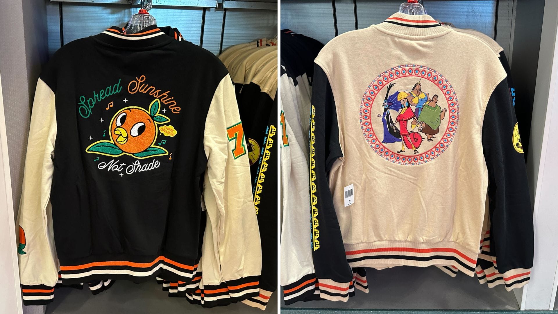 Two Disney Letterman Jackets: one with Orange Bird and “Spread Sunshine,” the other with a folkloric Walt Disney World design.