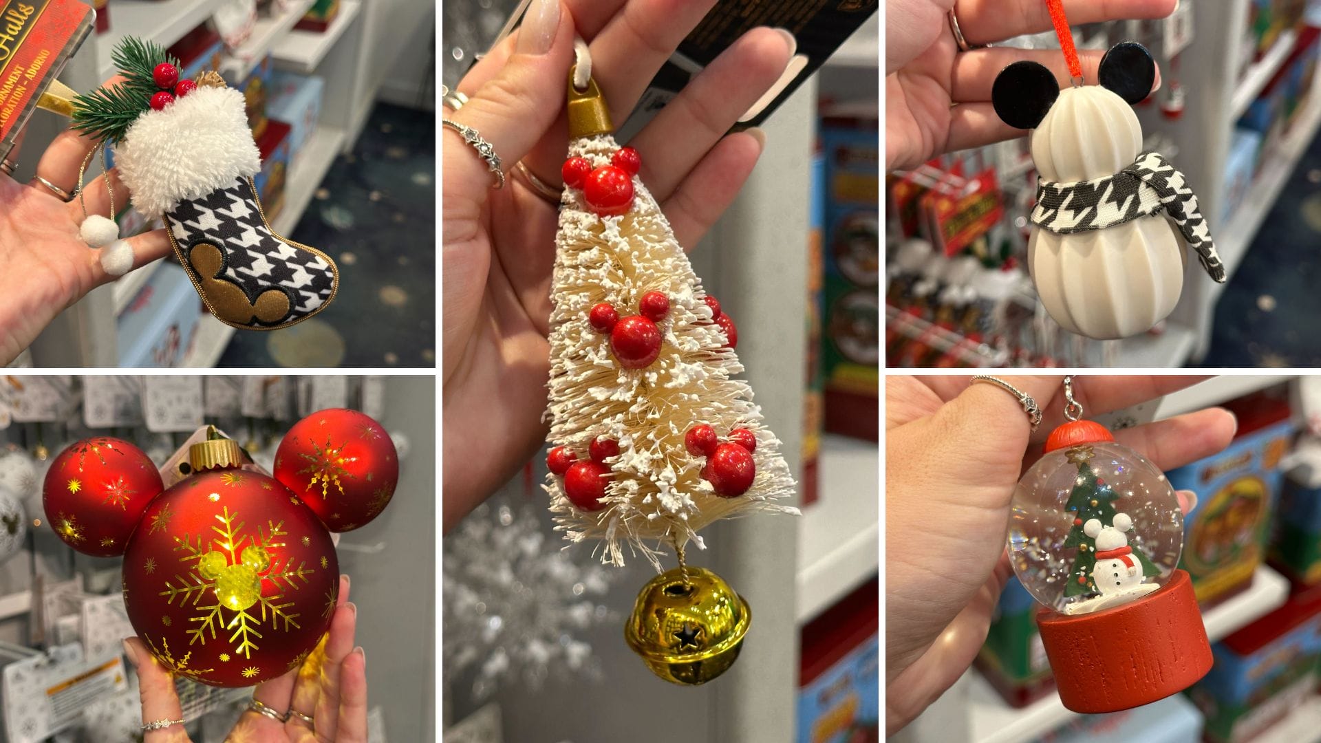 Five Christmas ornaments, each Mickey-shaped, including a stocking, tree, globe, and ball—perfect for your garland.
