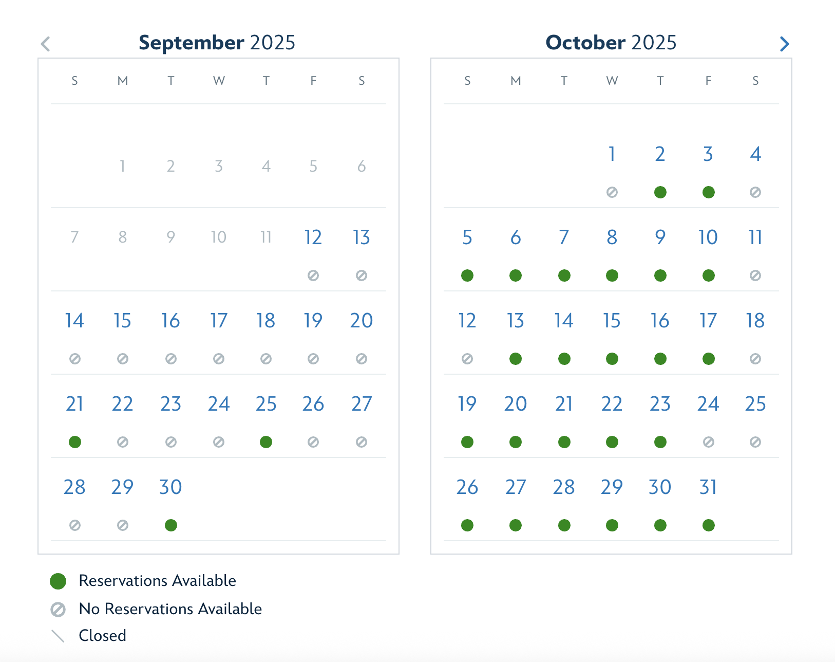 September and October 2025 calendars showing reservation availability with green dots on select dates.