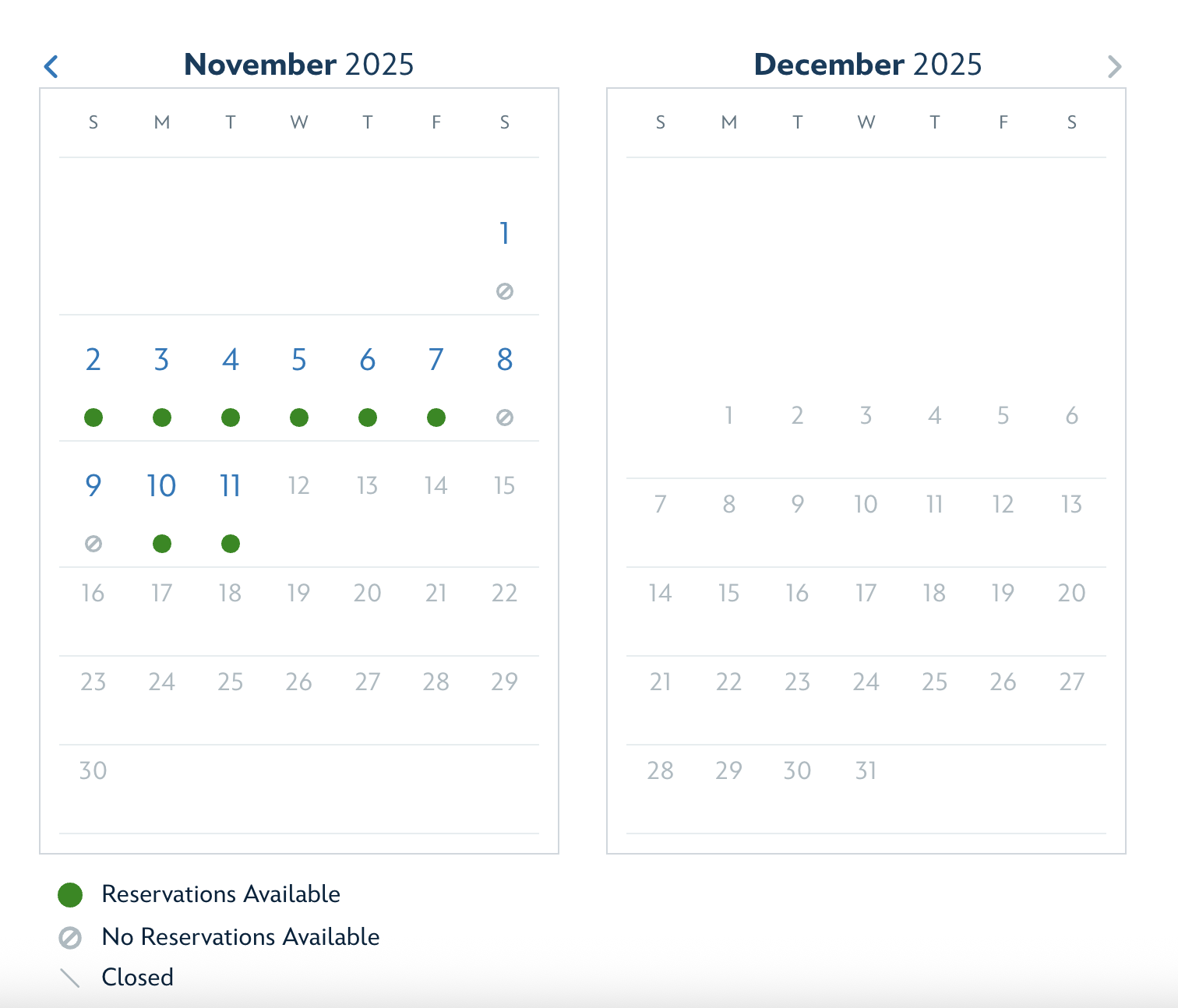 November 2025 calendar showing reservations available on the 2nd to 4th, 9th to 11th, and 16th to 18th; December blank.