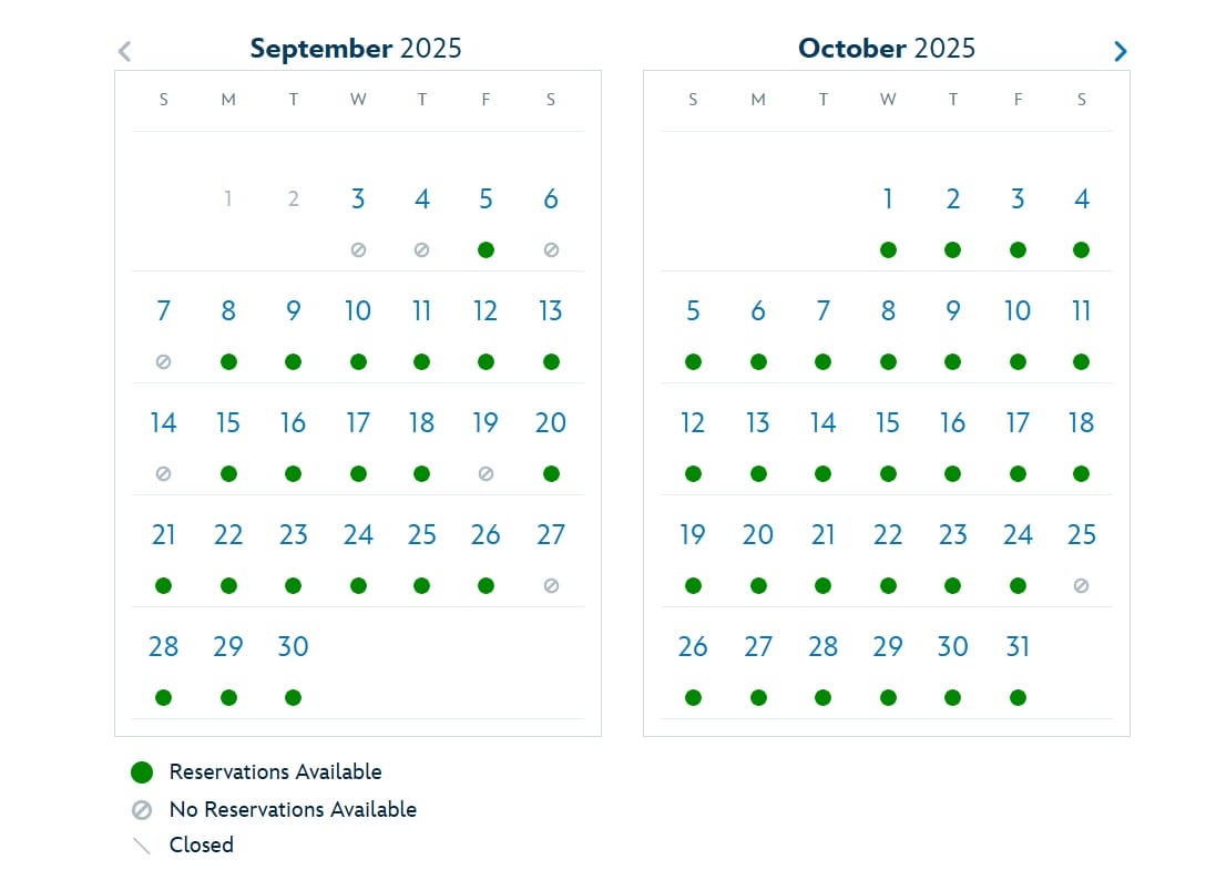 September and October 2025 Beak and Barrel calendars show green dots for additional bookings by smaller parties most days.