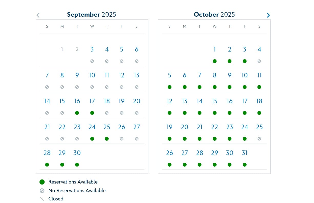 September and October 2025 Beak and Barrel calendar shows green dots for available bookings for smaller parties.