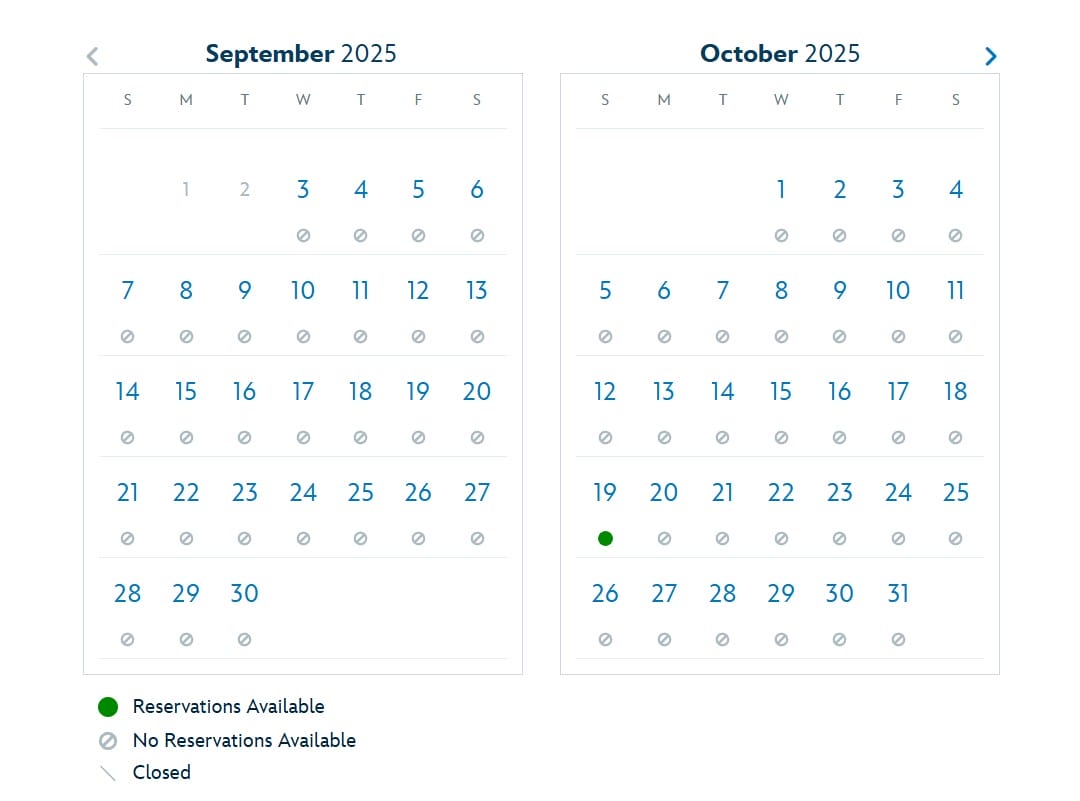 Calendar for September and October 2025 at Beak and Barrel; only October 19 open for smaller parties or additional bookings.
