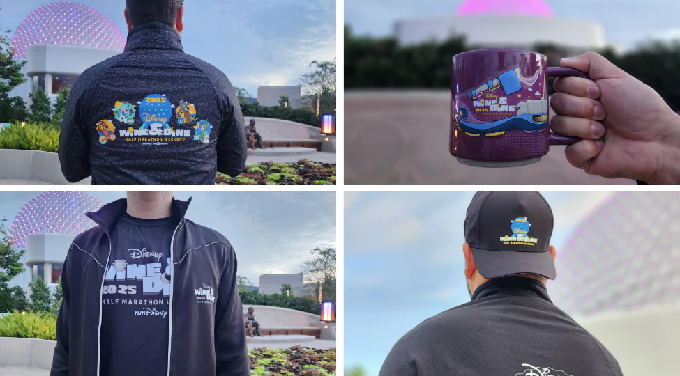 Four images showcase runDisney Wine & Dine Half Marathon Weekend merchandise, including apparel and a mug.