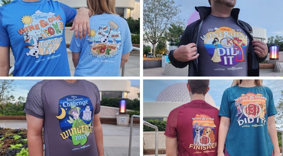 Four people wear colorful runDisney Wine & Dine Half Marathon finisher shirts, each sporting unique event logos.