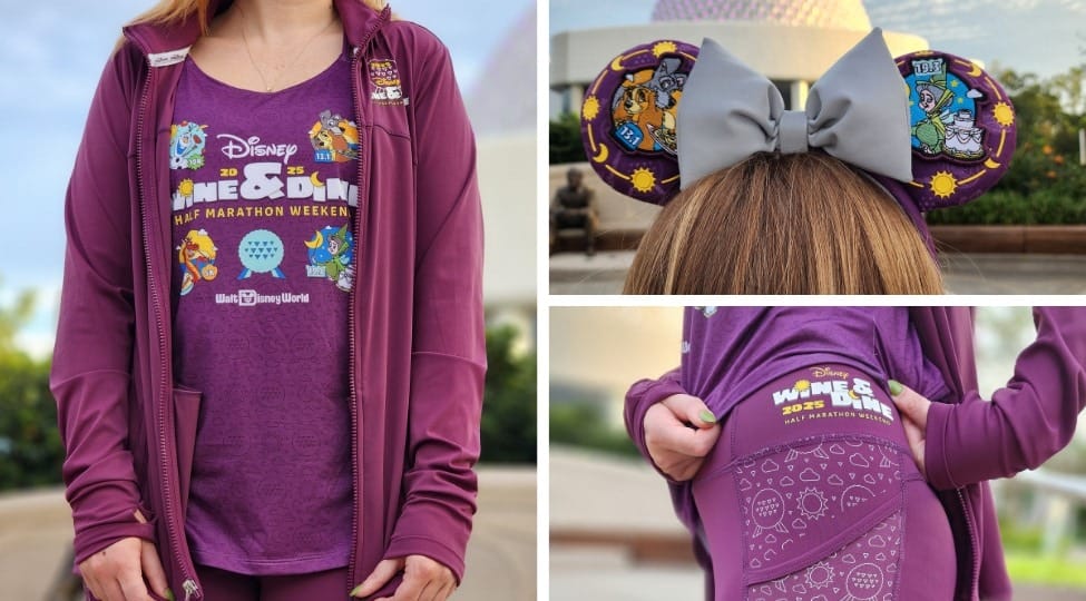 Collage of runDisney Wine & Dine Half Marathon 2025 merchandise: shirt, jacket, leggings, and ear headband in purple.