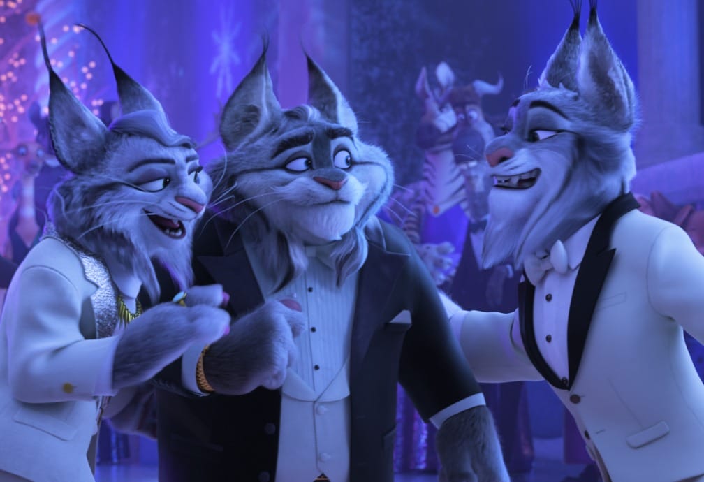 Three anthropomorphic lynxes in tuxedos smile and talk together at a fancy party with a blue-purple lighting.