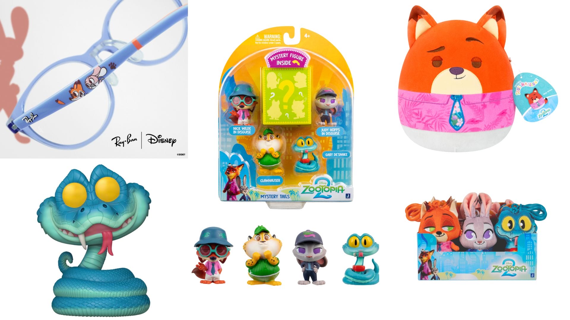 Get a first look at Zootopia 2 merchandise, featuring toys, glasses, and a plush fox in this collage.