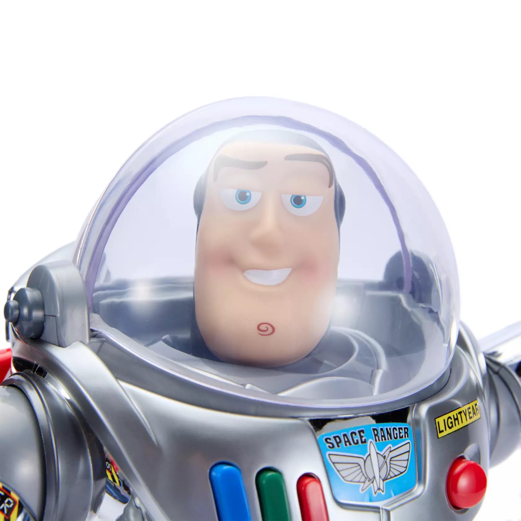 Close-up of a limited edition chrome Buzz Lightyear action figure with his helmet shield down.