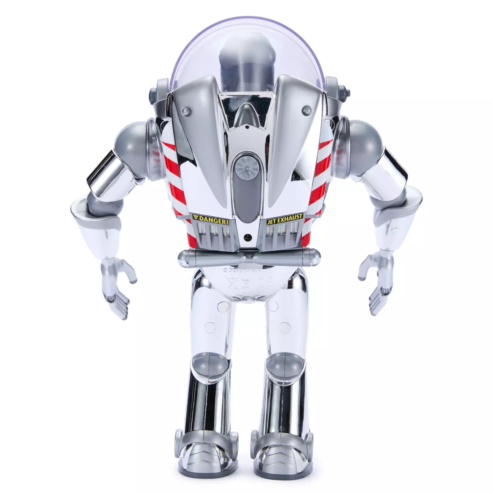 Limited edition chrome Buzz Lightyear action figure seen from the back with wings retracted.