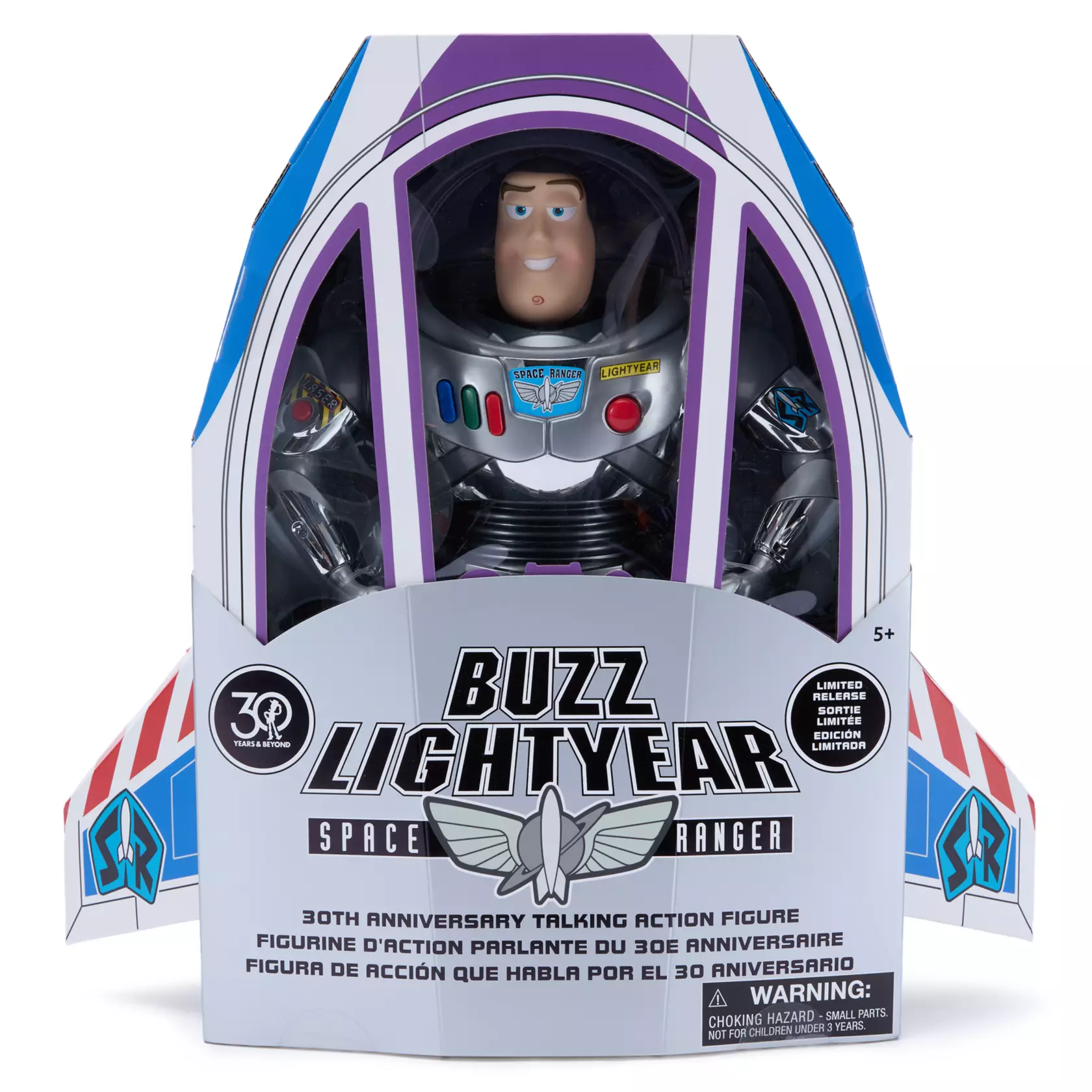 Limited edition chrome Buzz Lightyear action figure packaged inside a white rocket-shaped box.