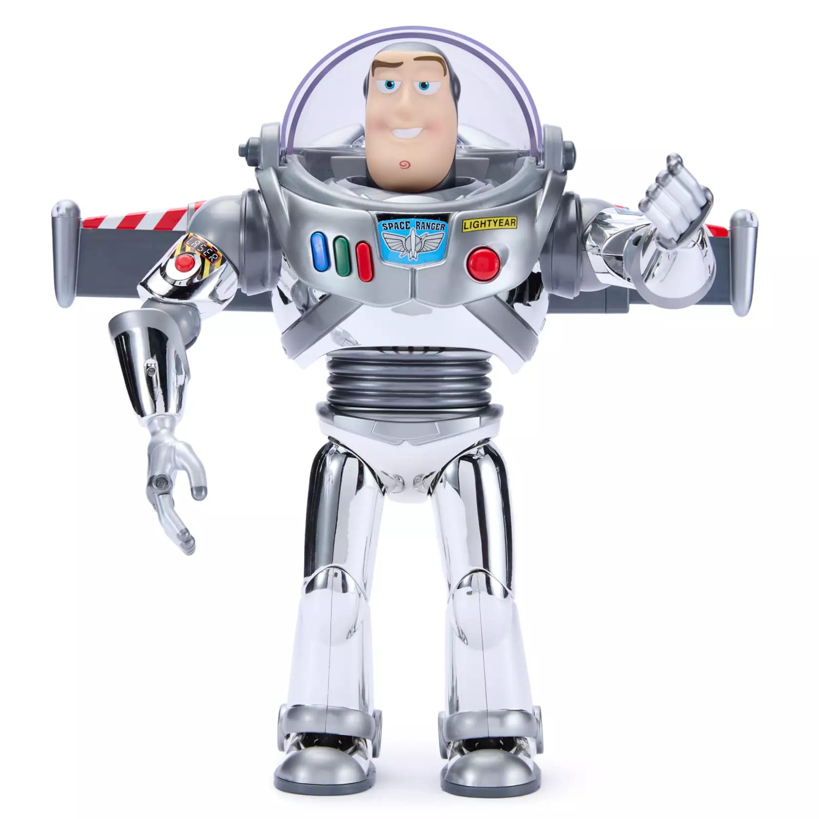 Limited edition chrome Buzz Lightyear action figure seen from the front with wings extended and helmet retracted.