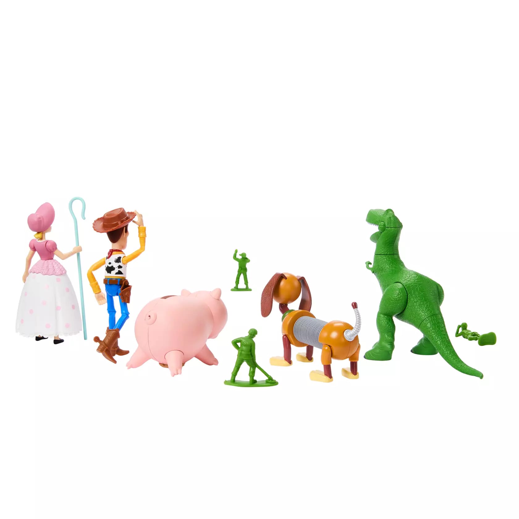 Disney Store Toy Story 30th Anniversary figurines—Woody, Bo Peep, Hamm, Slinky Dog, Rex, and three Green Army Men.