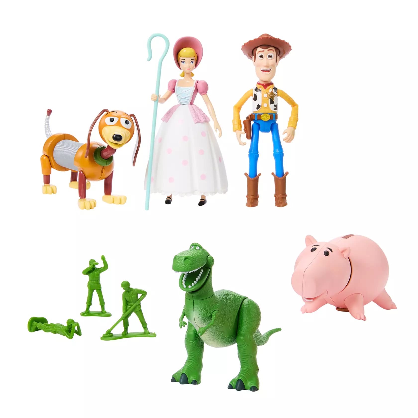 Disney Store Toy Story 30th Anniversary figurines—Woody, Bo Peep, Hamm, Slinky Dog, Rex, and three Green Army Men.