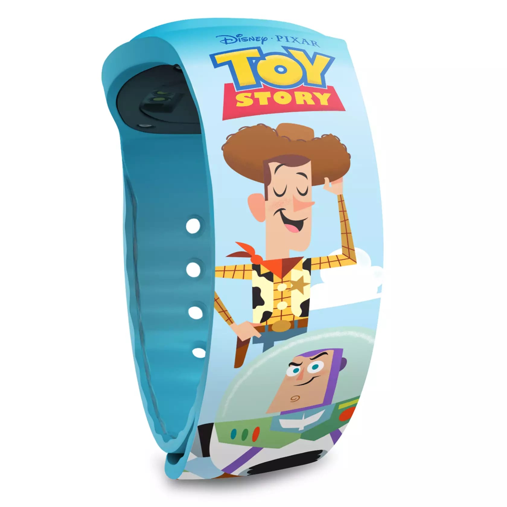 Blue Toy Story MagicBand+ with the Toy Story logo and a cartoon Woody and Buzz Lightyear.
