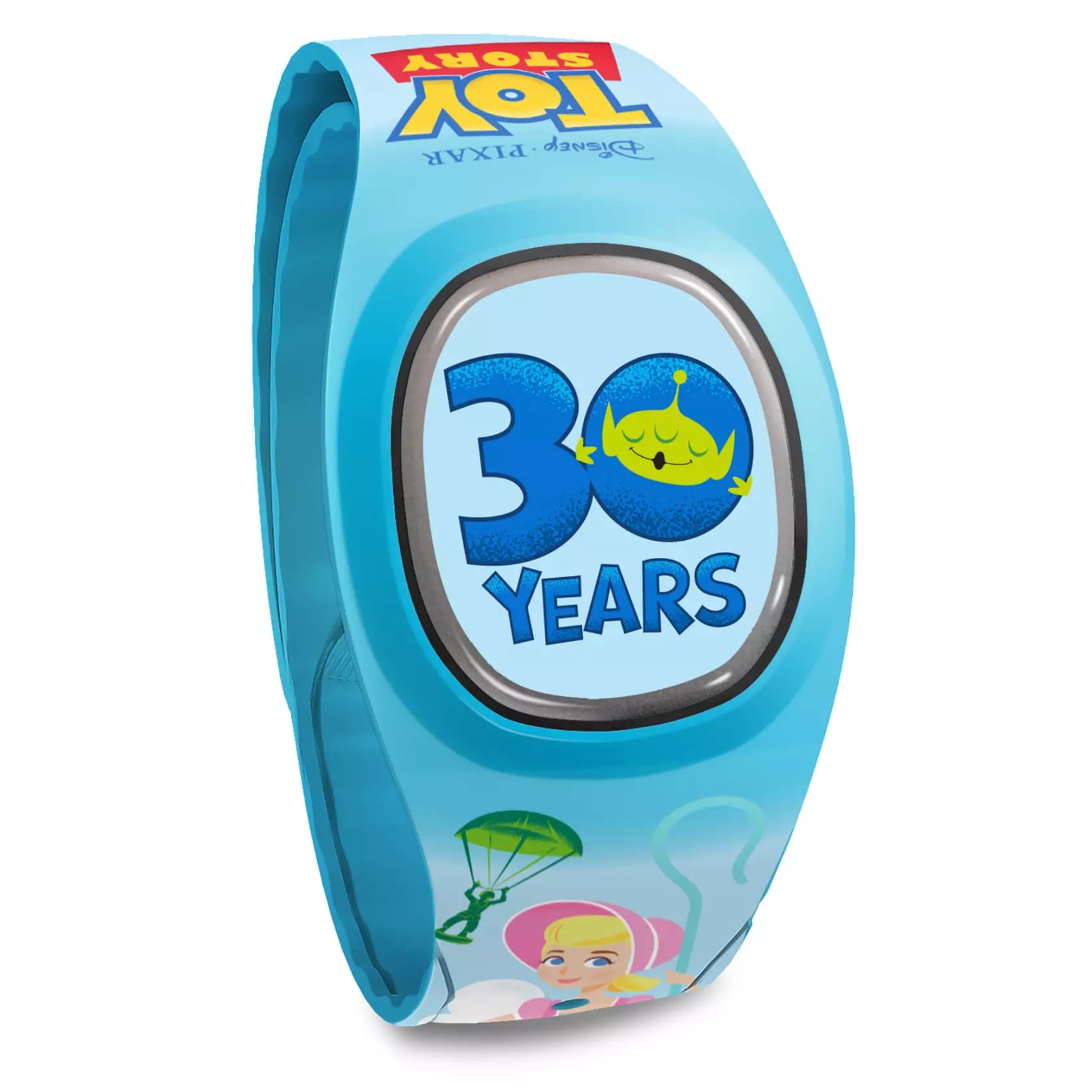 Blue Toy Story MagicBand+ with a blue "30 Years" puck with an alien and Bo Peep on the band below.