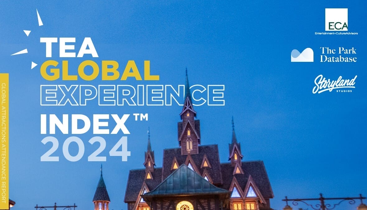 TEA Global Experience Index 2024 cover featuring a whimsical building reminiscent of Disney castle designs, Epic Universe logo, blue sky.