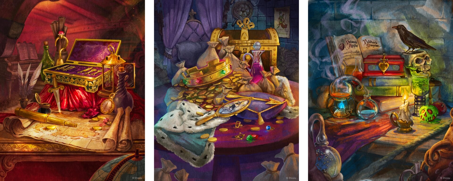 Three Disney park-inspired scenes: a jewel box, royal crowns with coins like in Fantasyland, and a magical potions desk.