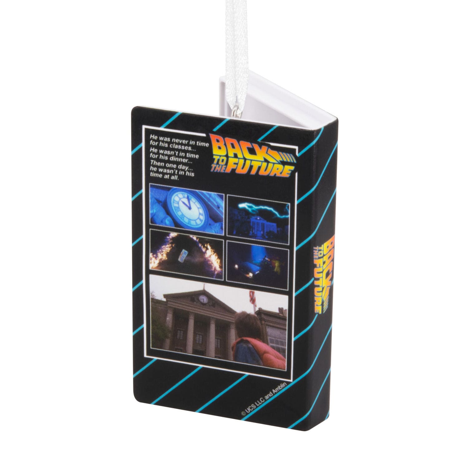 Back to the Future ornament featuring the movie logo, visuals and quotes, on a white ribbon