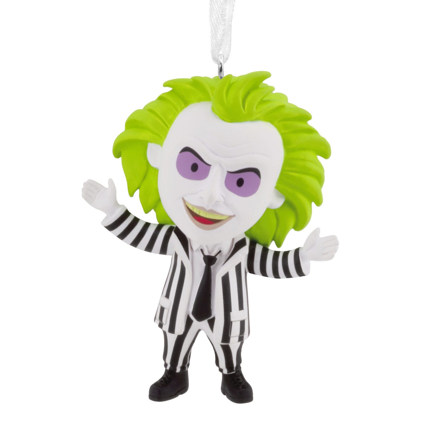 Cartoonish green-haired figure in striped suit, arms wide