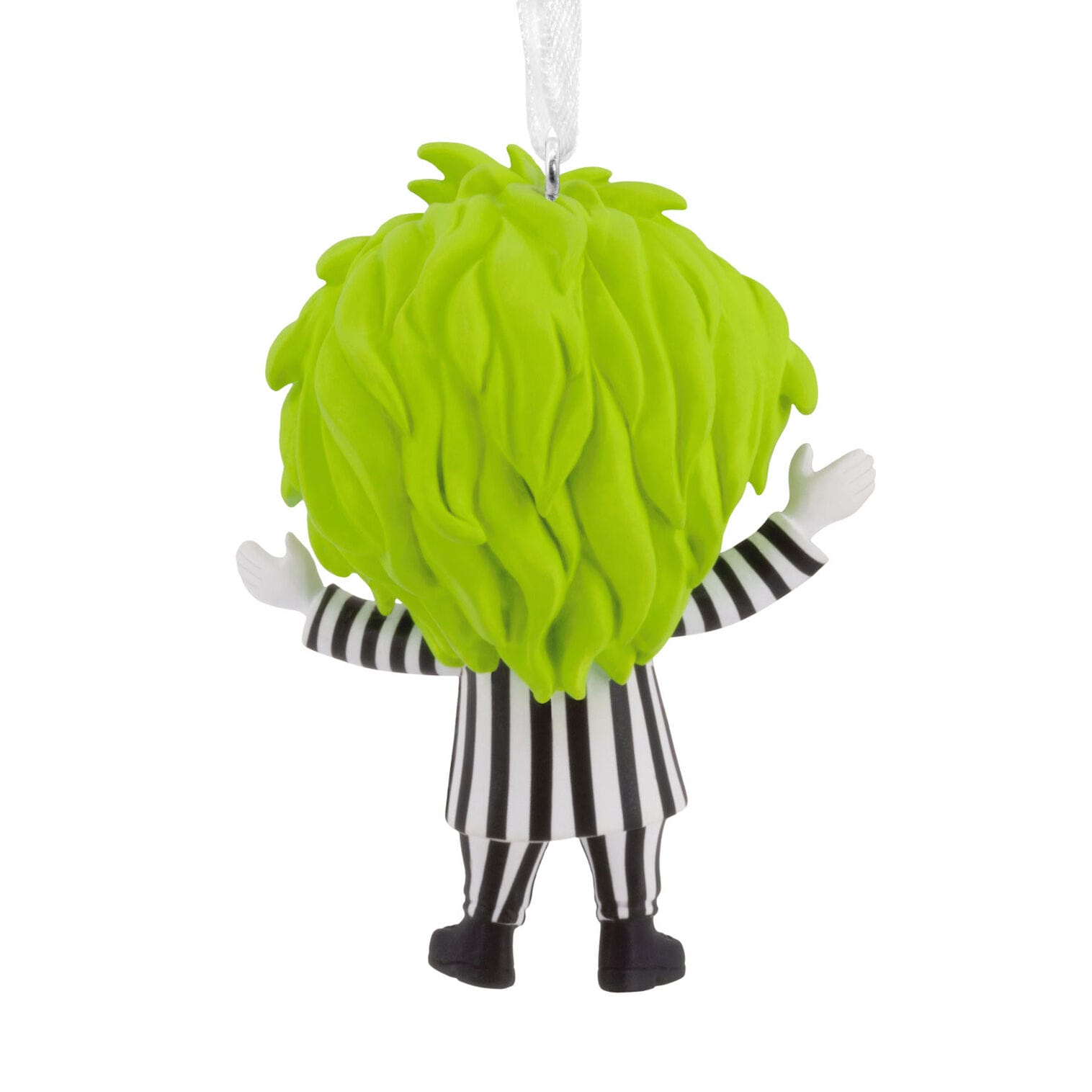 A Hallmark Ornaments collectible of a figure with bright green hair and striped suit