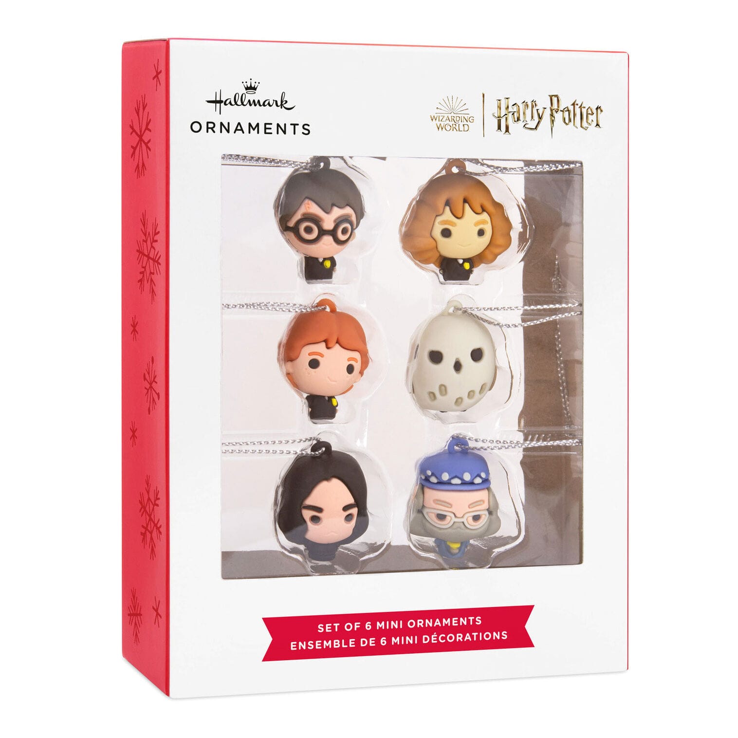 Box of six Hallmark Harry Potter mini face ornaments, displayed in a clear window box