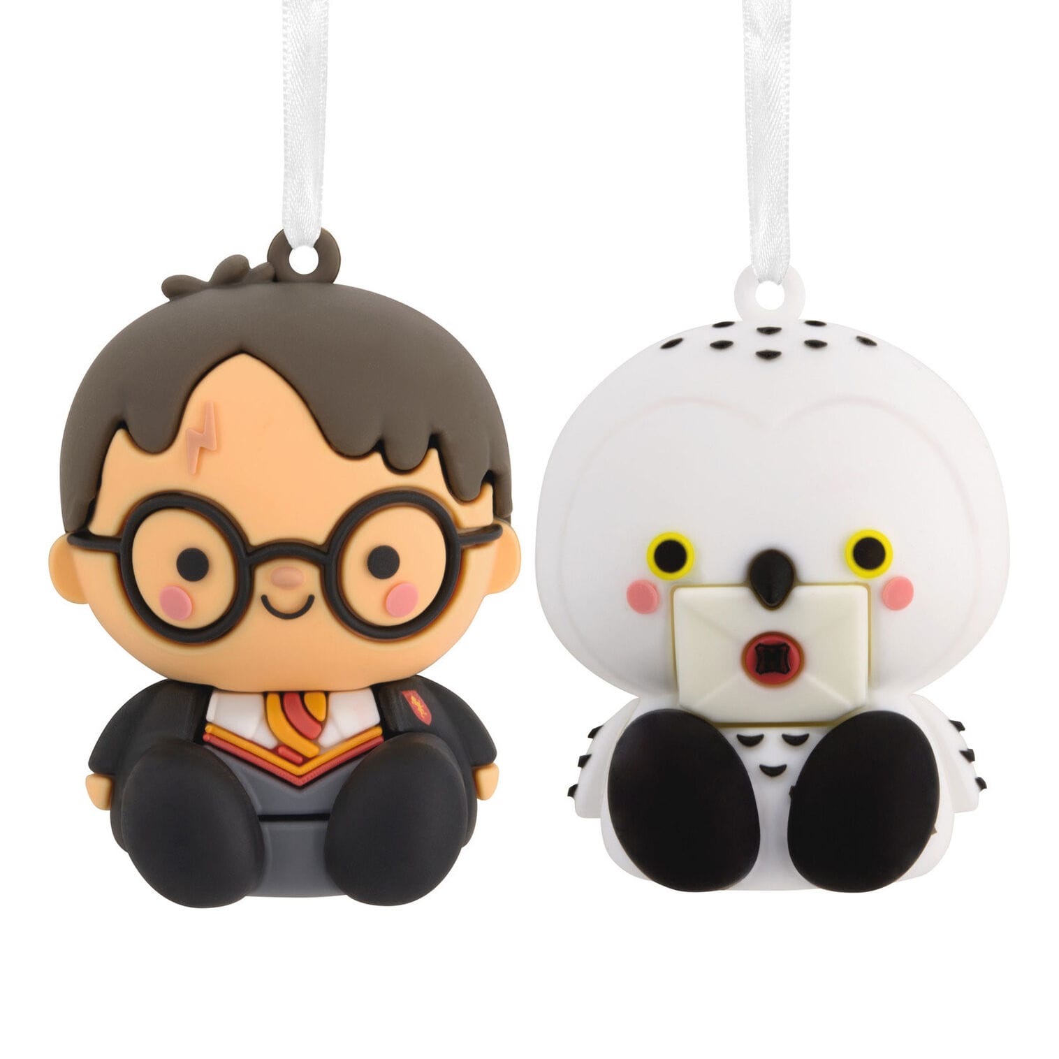 Cartoon-style Harry Potter and Hedwig ornaments with ribbon loops, Universal Studios style