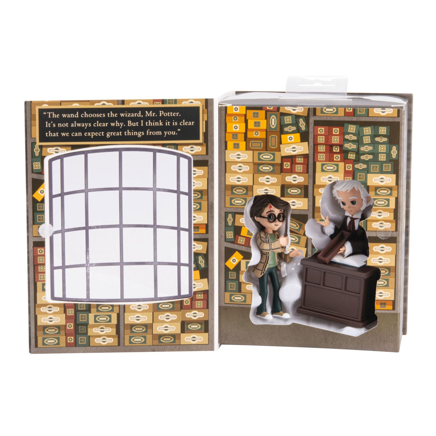 Two Hallmark Ornaments as cartoon figures in a wand shop, Harry Potter quote on wall