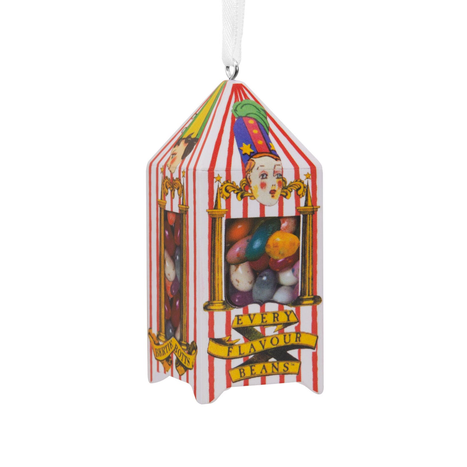 A festive Hallmark ornament shaped like a striped Bertie Bott's Every Flavour Beans box, hanging by a ribbon