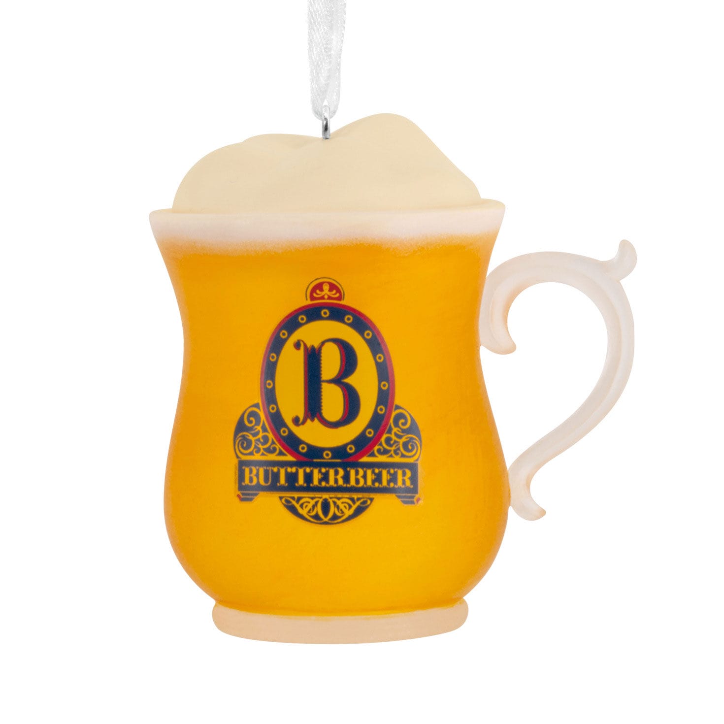 A yellow mug-shaped "Butterbeer" ornament resembling theme park treats