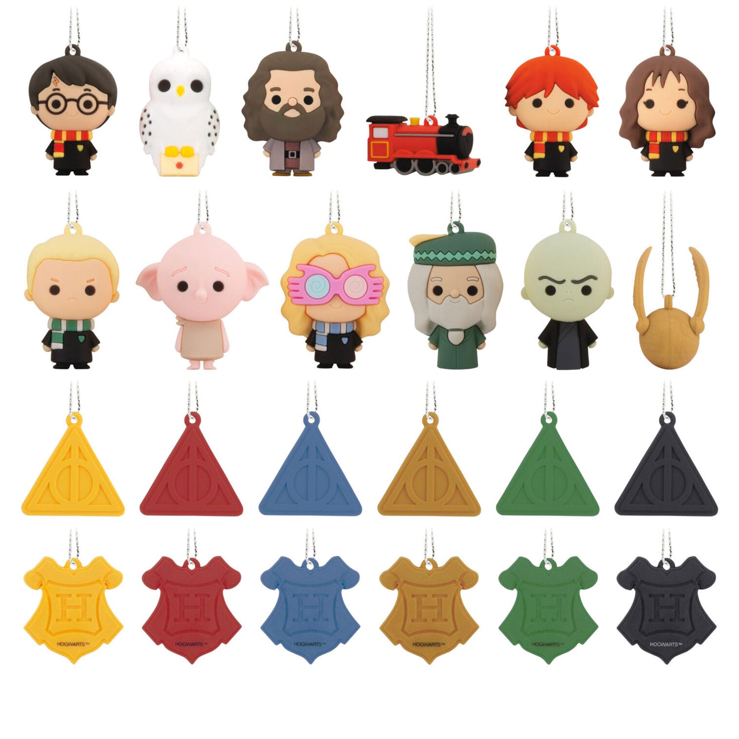 Assorted Harry Potter character and symbol keychains, like Hallmark Ornaments, in four rows