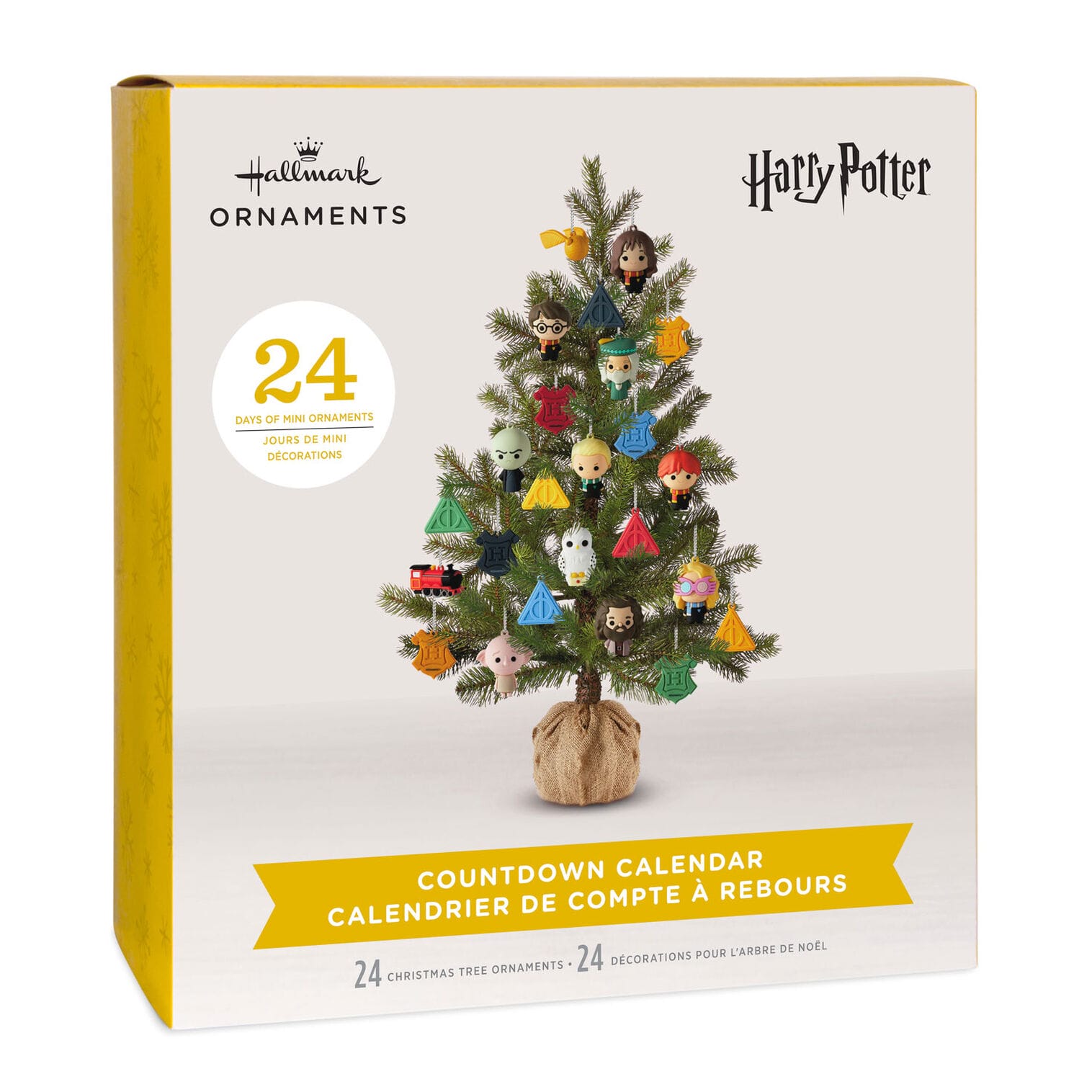 A Harry Potter Hallmark Ornaments countdown calendar box with a mini tree