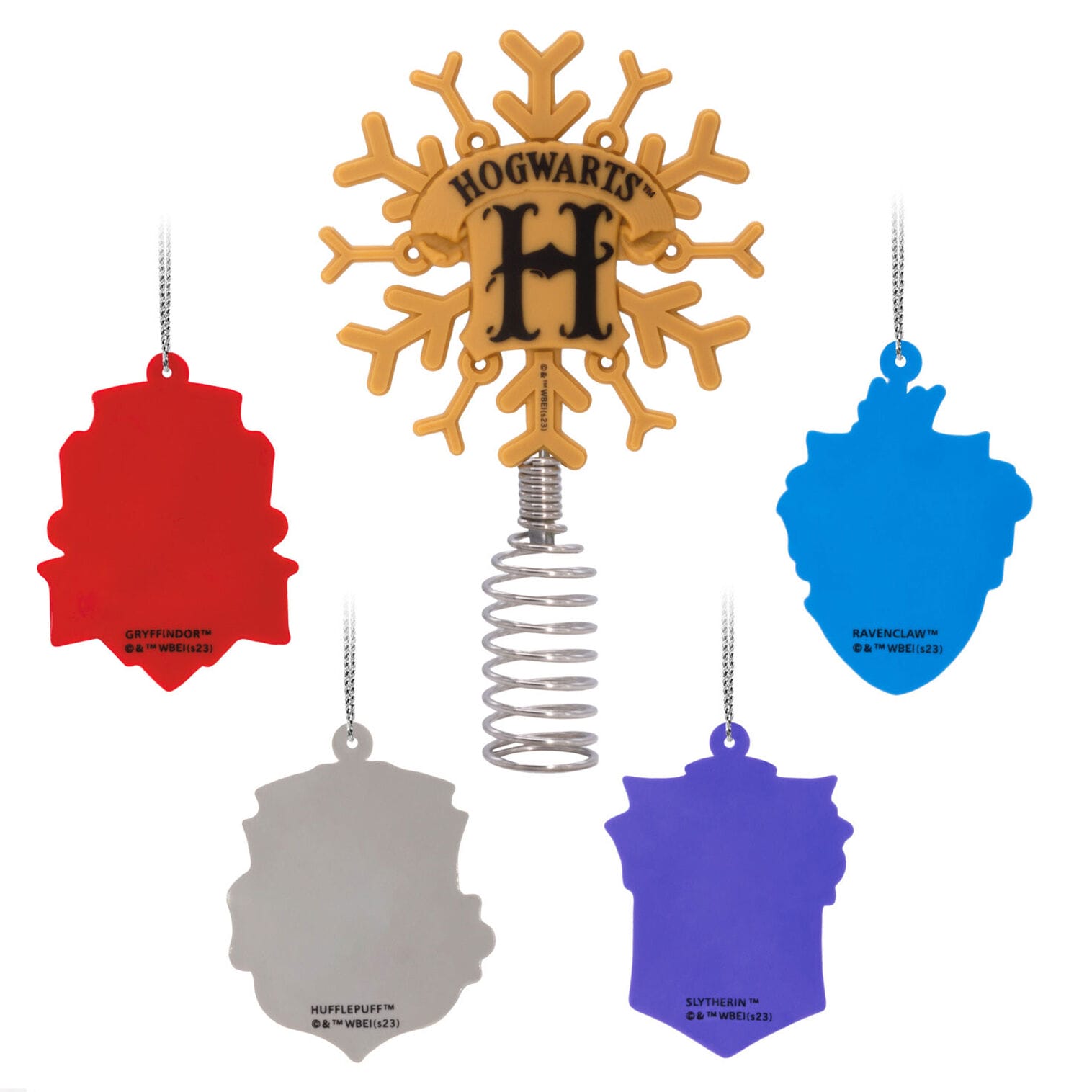 Five colorful Hogwarts house ornaments and snowflake centerpiece, Universal-inspired