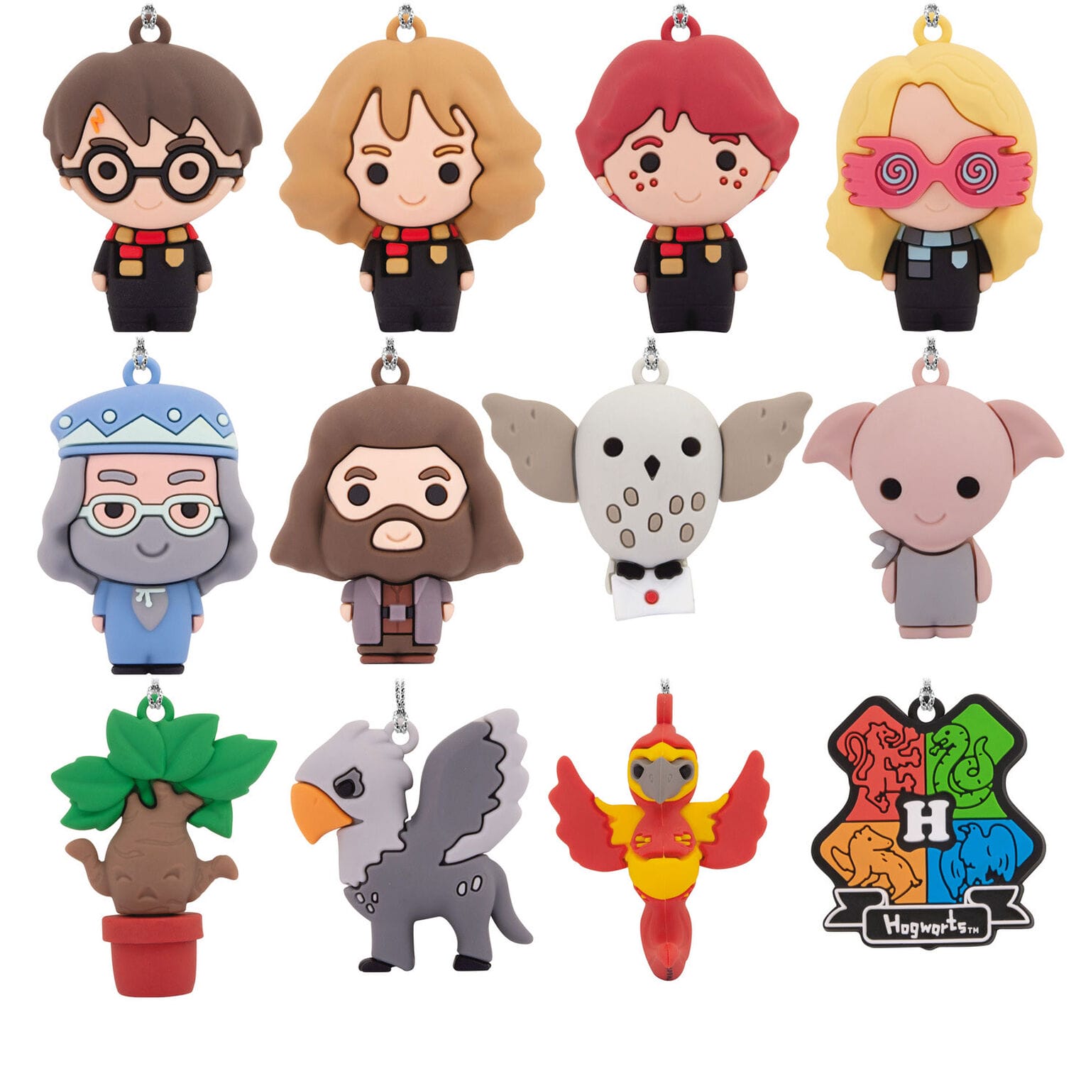 Twelve charming Harry Potter keychains, featuring movie moments and magical creatures, reminiscent of theme park merchandise display.