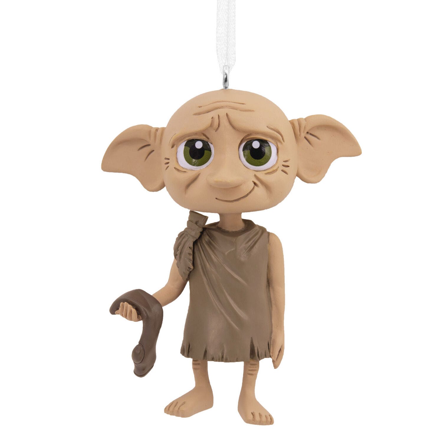 A Hallmark Ornaments figurine with large ears in a brown tunic, holding a sock, dangles from a white loop