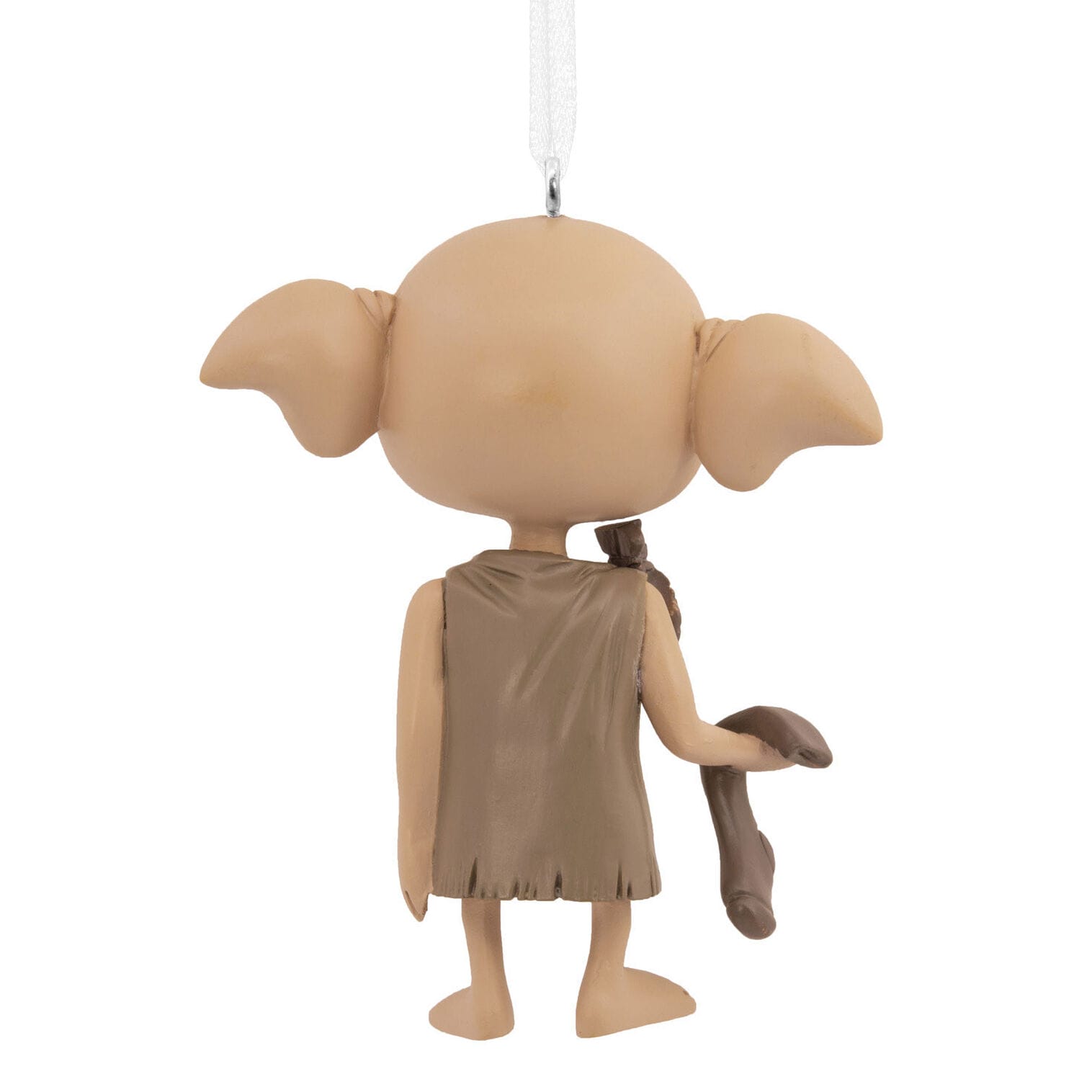 A Hallmark Ornaments figurine with large ears in a brown tunic, holding a sock, dangles from a white loop