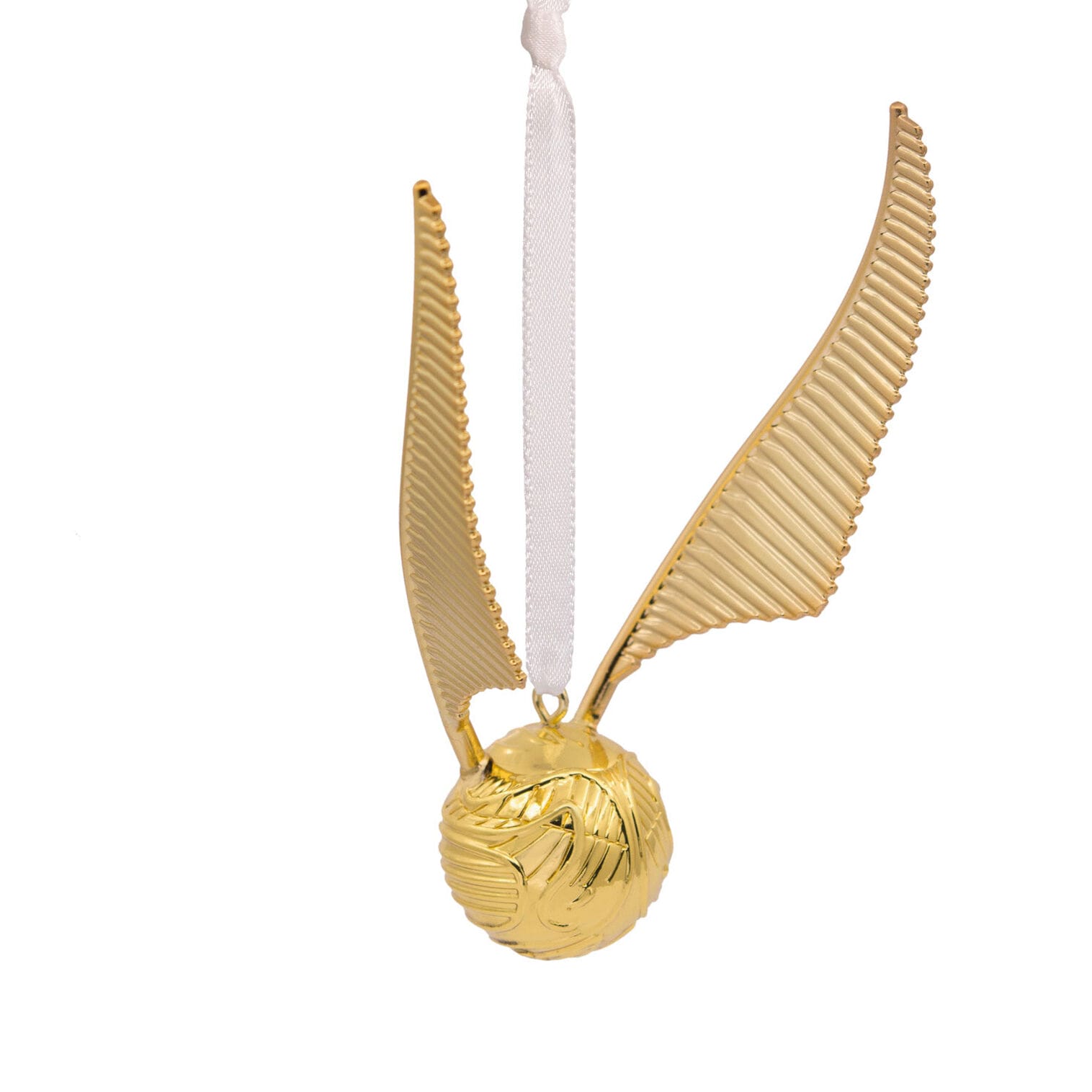 A sparkling golden ornament with textured wings and a white ribbon