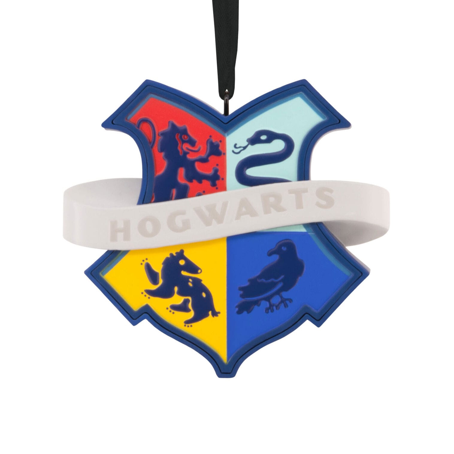 A Hallmark Hogwarts crest ornament with lion, snake, badger, raven, and "HOGWARTS" banner