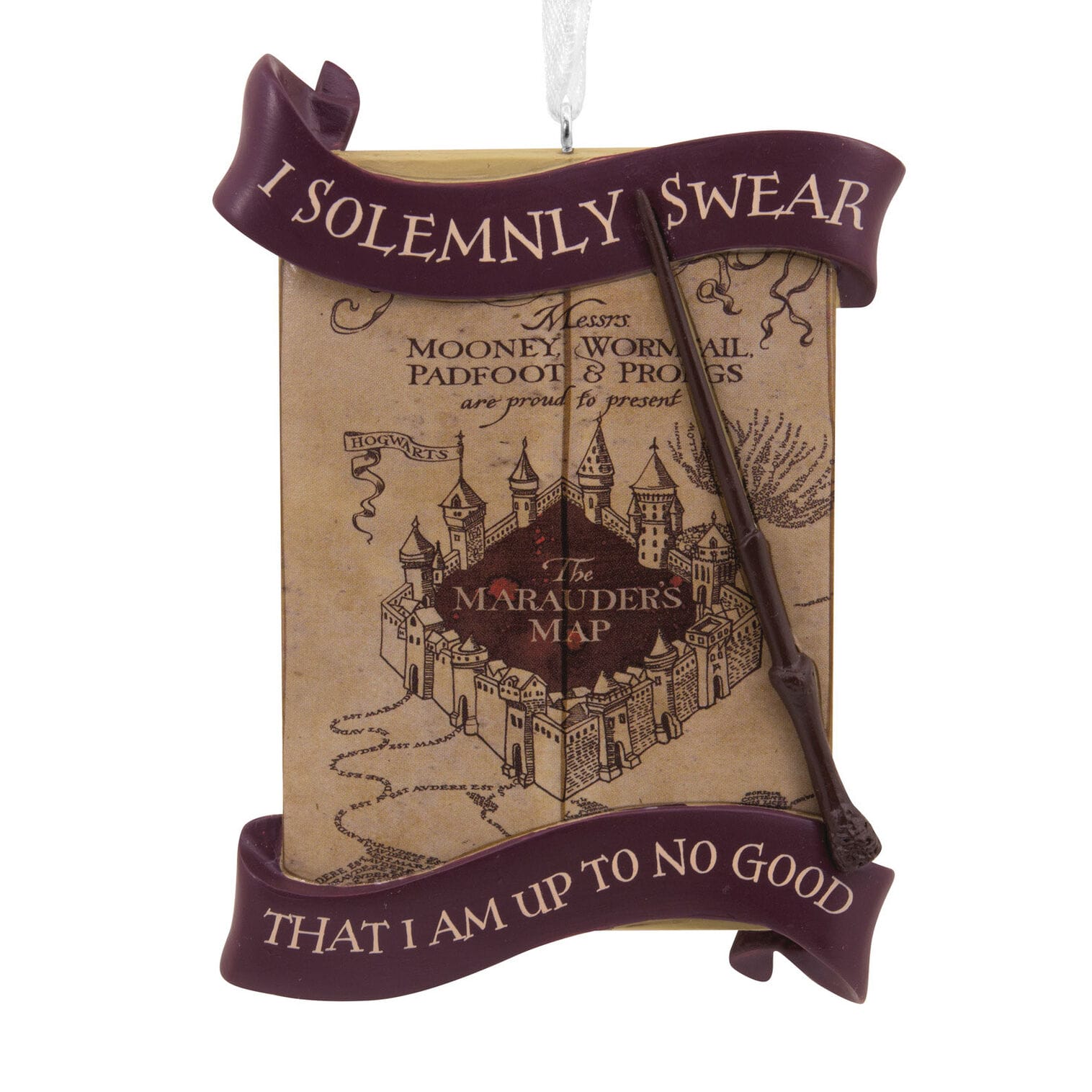 A Marauder's Map Hallmark ornament with a wand and ribbon saying, "I solemnly swear that I am up to no good"