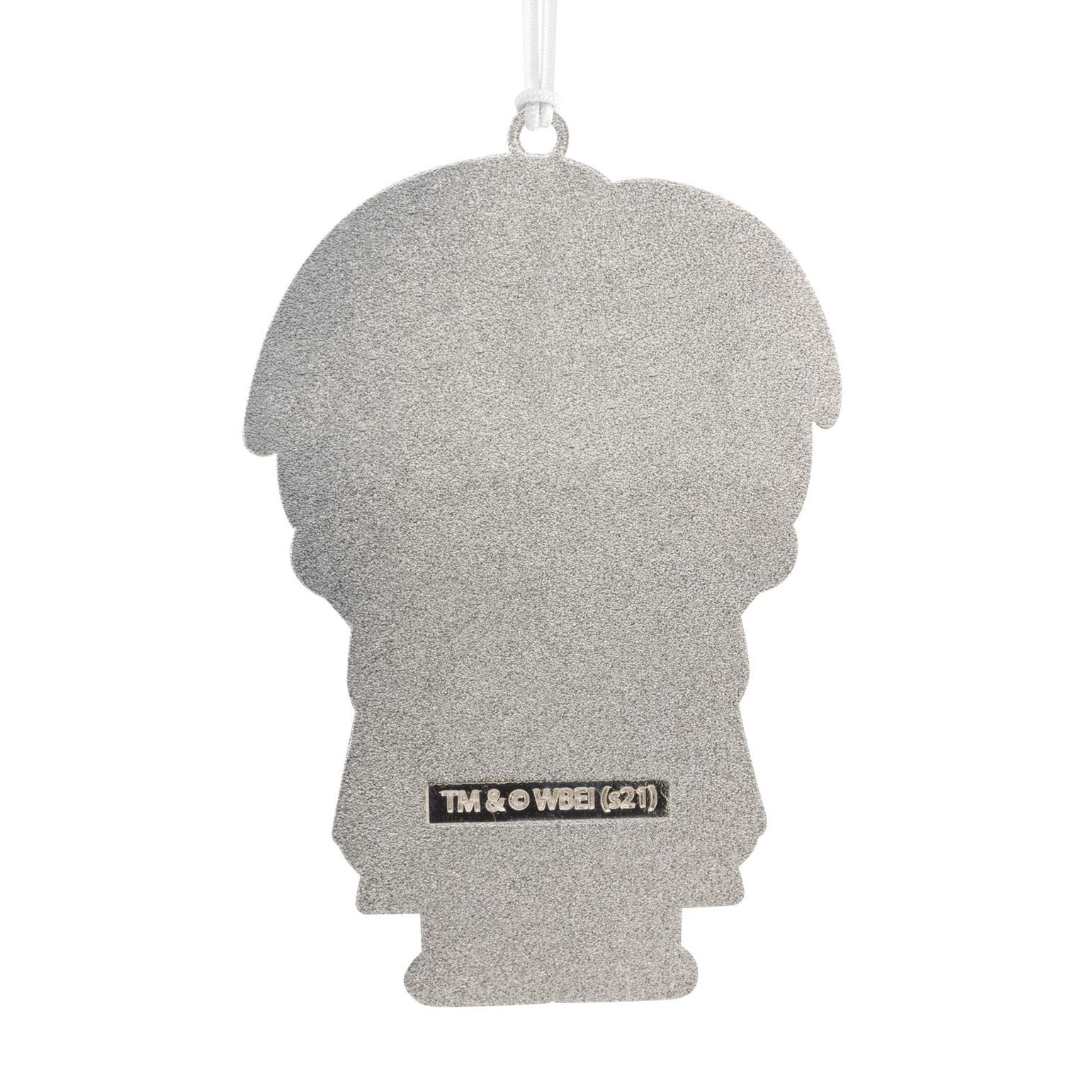A silver glitter ornament shaped like a cartoon character