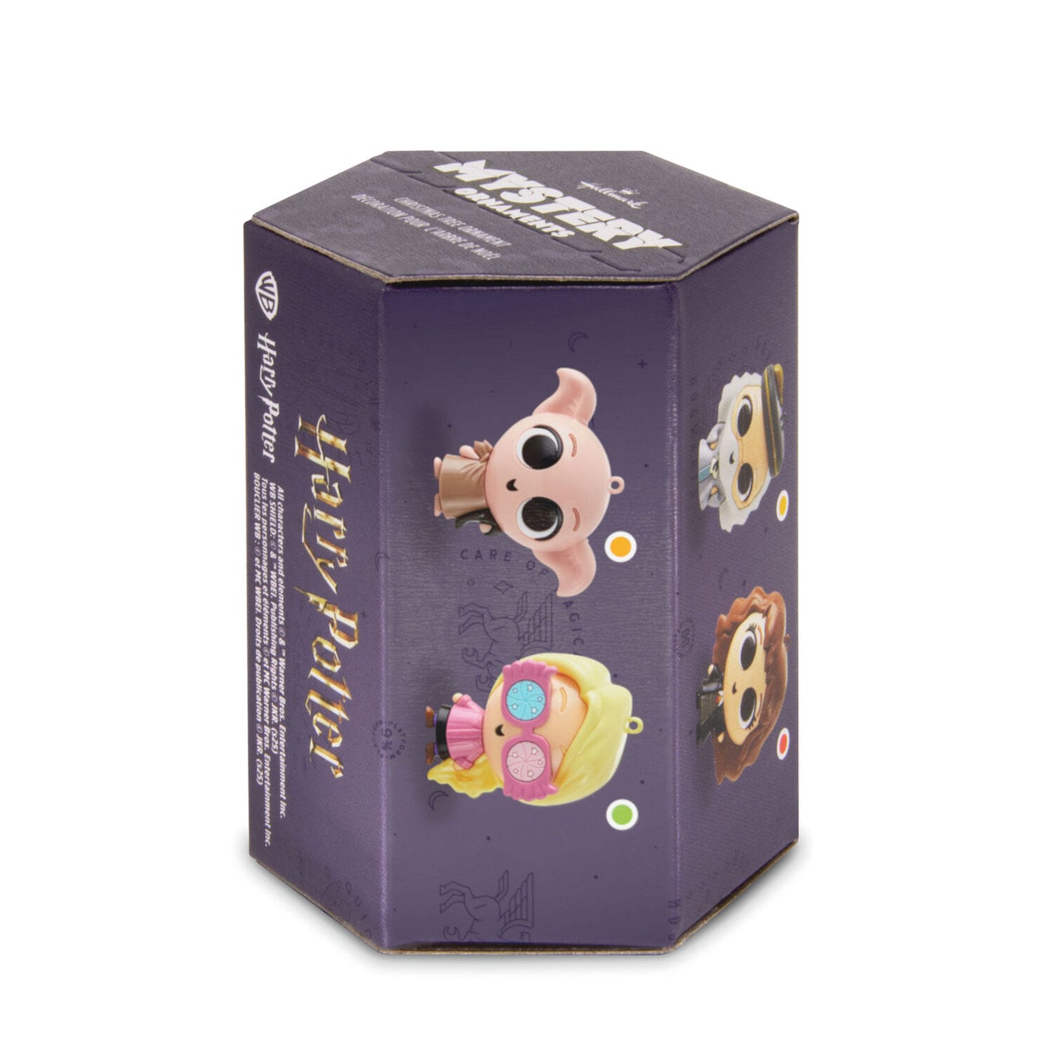 Hexagonal purple Harry Potter toy box with Hallmark ornaments of Dobby, Luna, and Hermione