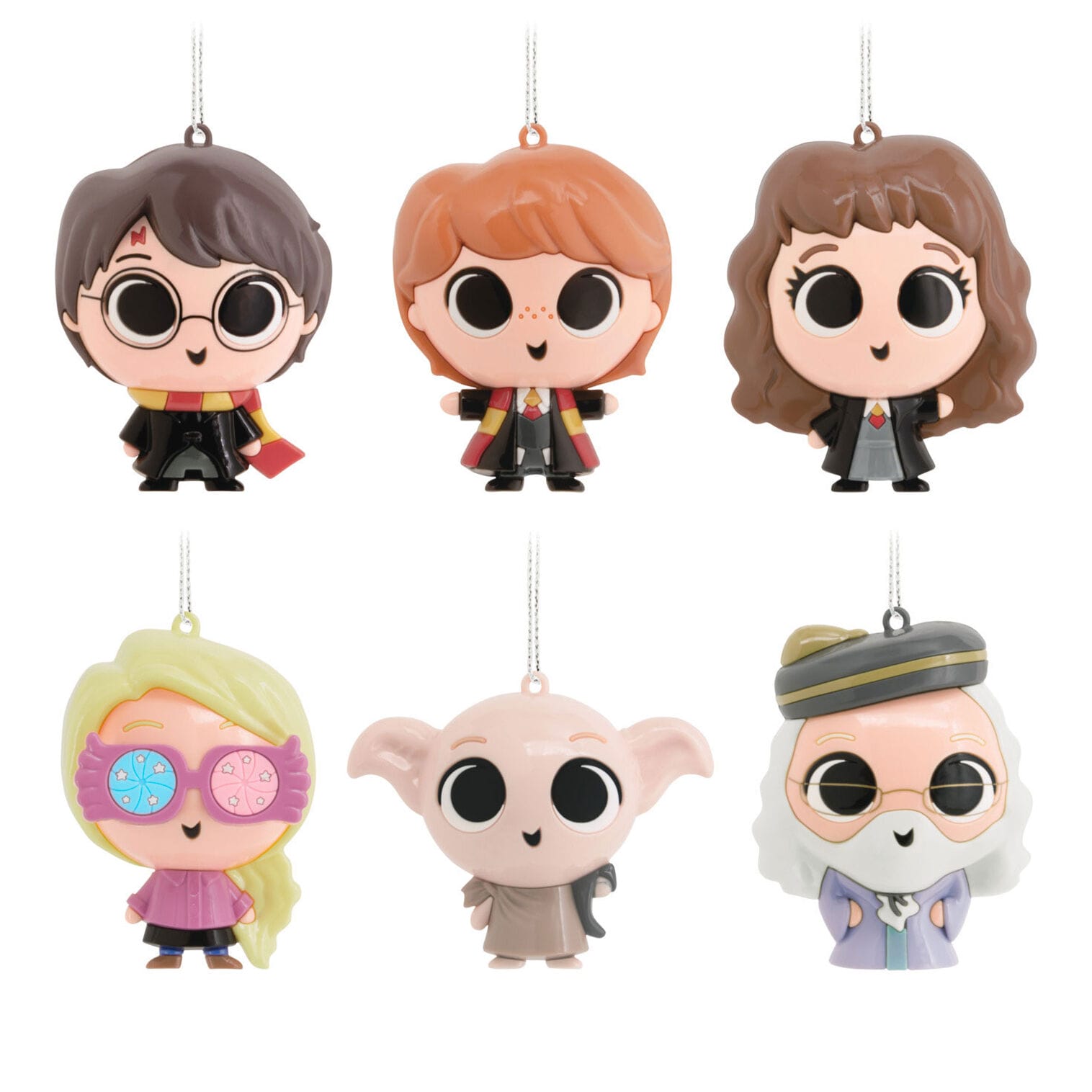 Six cartoon-style Hallmark Ornaments of Harry Potter characters with large eyes