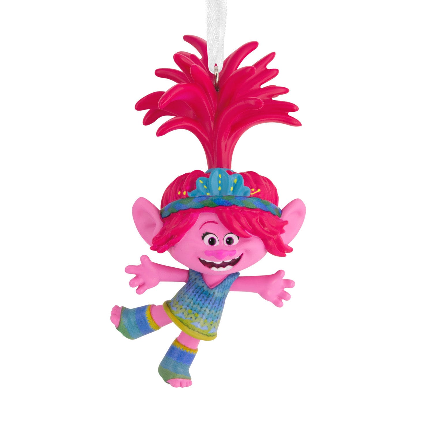 Colorful Hallmark ornament of a pink troll with bright hair and big smile, hanging by a white ribbon