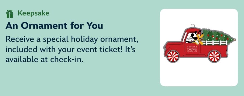 Illustration of a red truck with a Christmas tree and dog, featuring a free Keepsake Ornament similar to those at Disney Parks events.